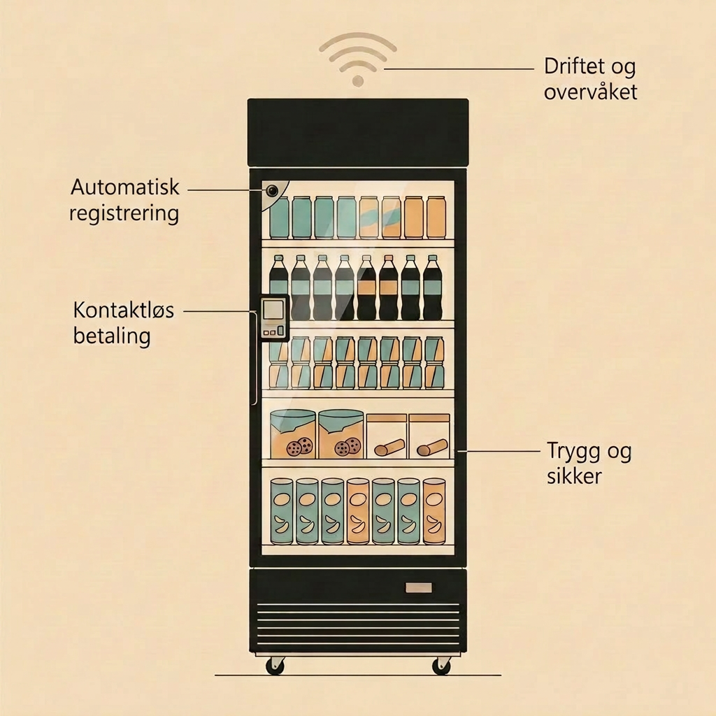 Illustrasjon av smart kjøleskap med etiketter for kontaktløs betaling, automatisk registrering, drift og overvåking, og trygg og sikker bruk